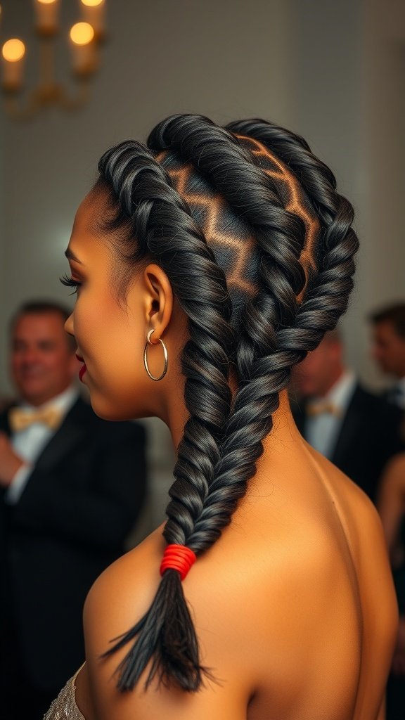 A woman showcasing stylish knotless braids with a glamorous touch, featuring a red tie and intricate braiding.