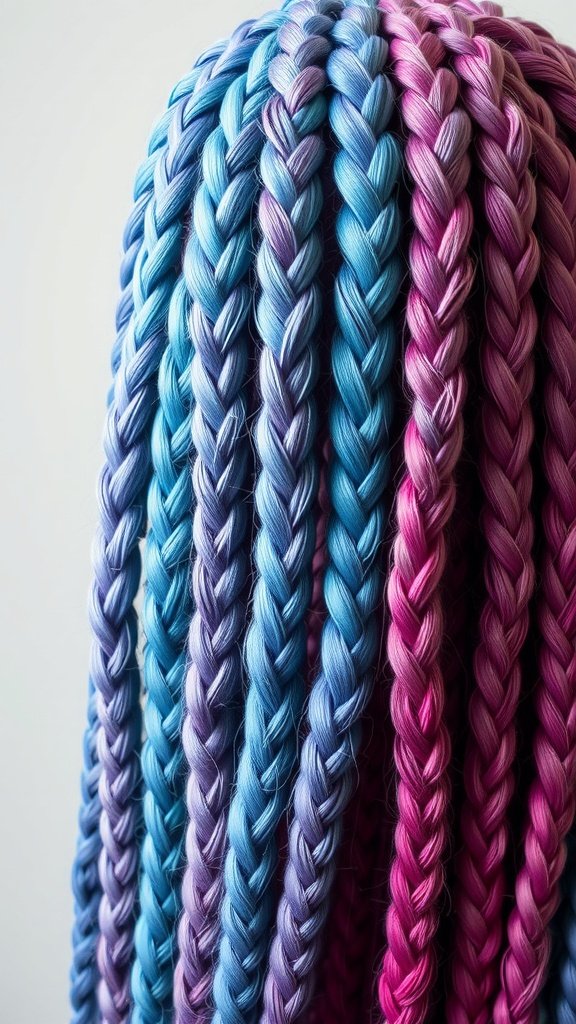 Colorful knotless braids with a gradient effect in shades of blue and pink.