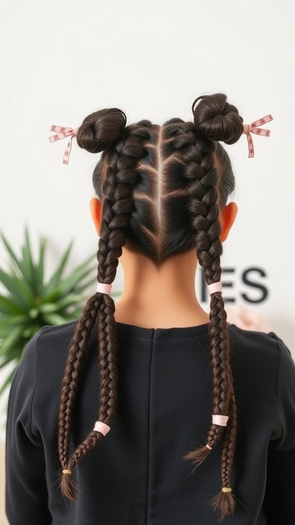 A girl with knotless braids styled into buns, adorned with pink ribbons.
