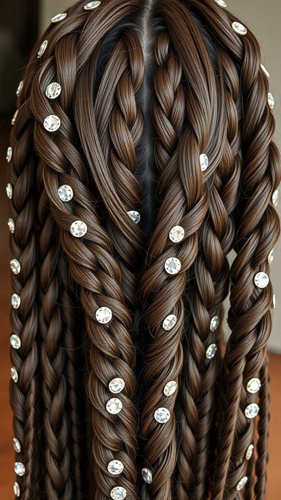 Knotless braids adorned with hair gems, showcasing a stylish and elegant hairstyle.