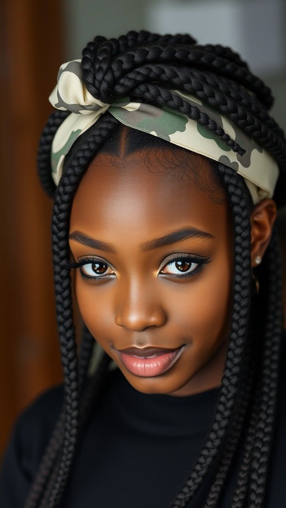 A close-up of a young woman with knotless braids styled with a camouflage hair wrap.