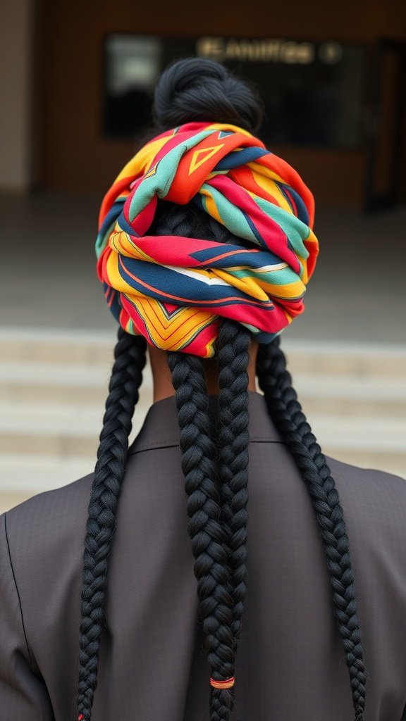A woman with knotless braids styled with a colorful hair wrap, showcasing a vibrant and stylish look.
