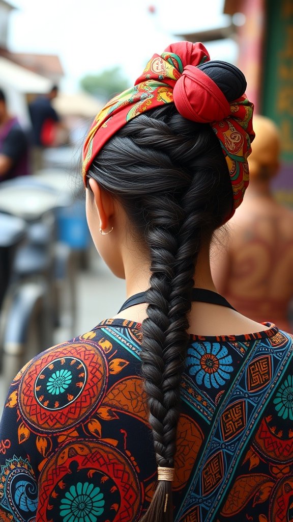 A woman showcasing knotless braids styled with a colorful hair wrap.