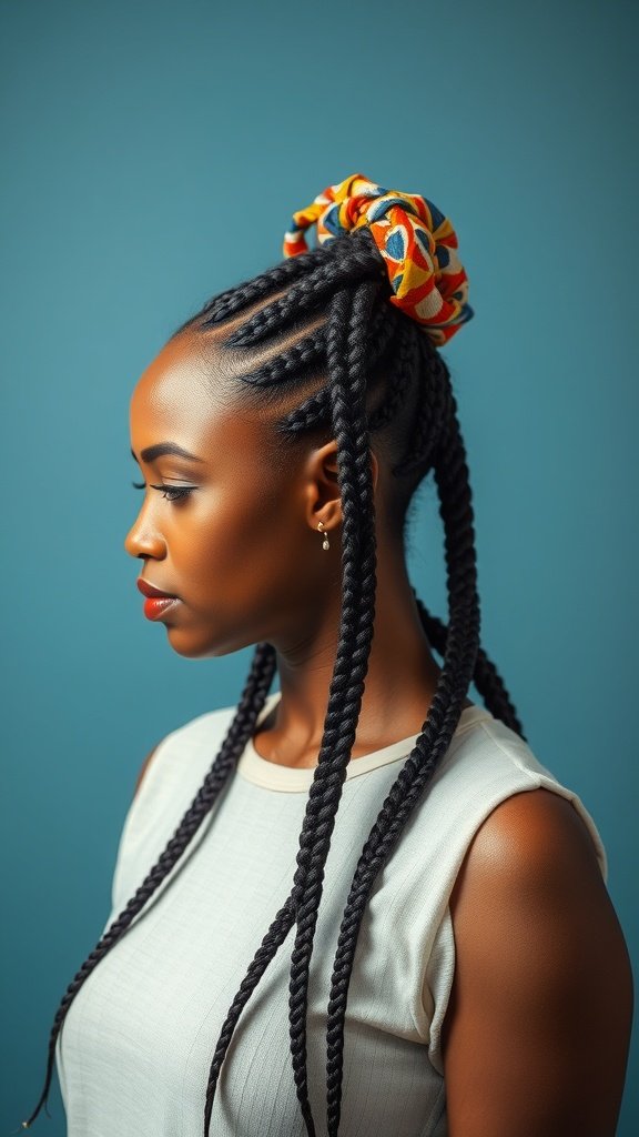 A woman with knotless braids styled with a colorful hair wrap.
