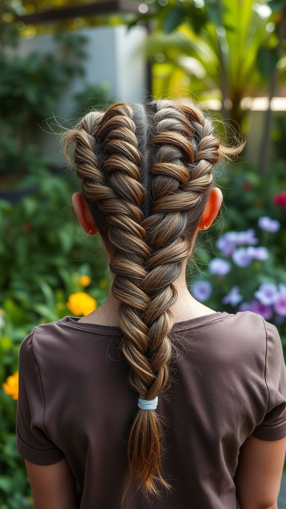 A girl with knotless braids styled with a halo braid, showcasing a beautiful hairstyle in a garden setting.