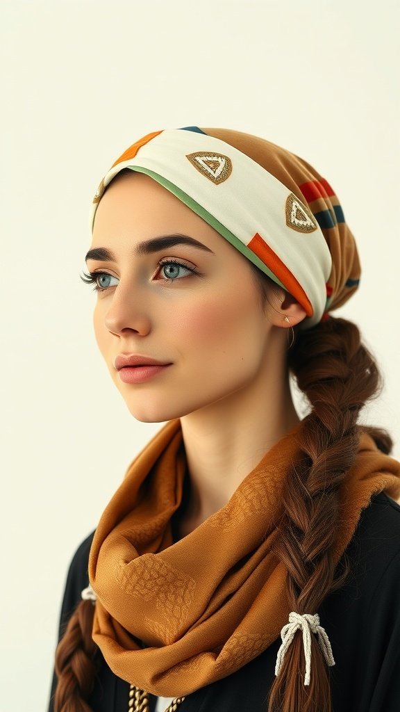 A woman with knotless braids wearing a colorful head scarf.