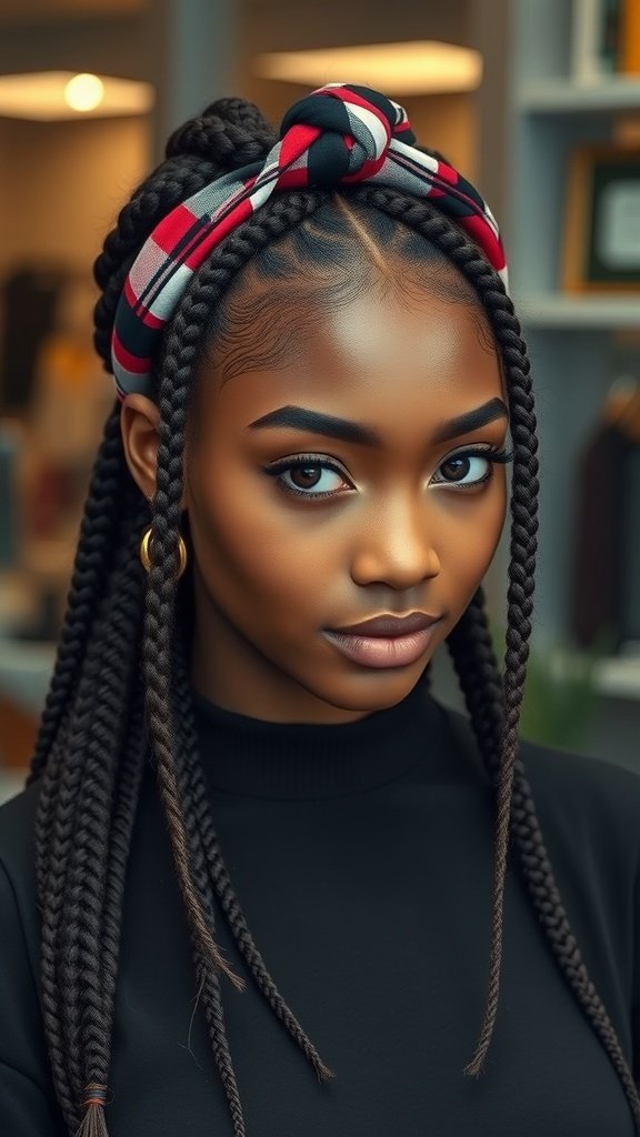 A young woman with knotless braids and a colorful headband, showcasing a stylish hairstyle.