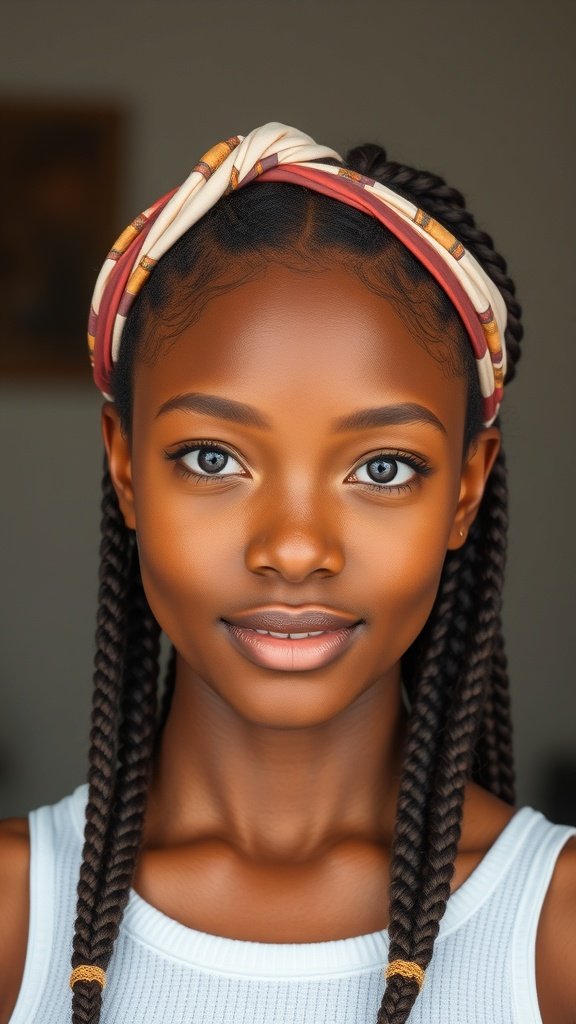 A young woman with knotless braids and a stylish headband, showcasing a trendy hairstyle.