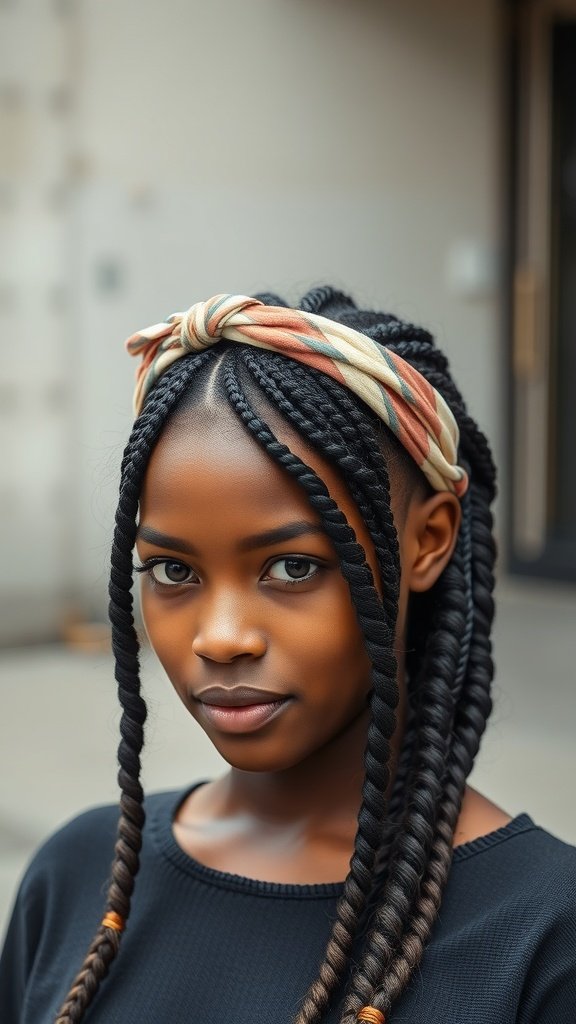 A young woman with knotless braids styled with a colorful headband.