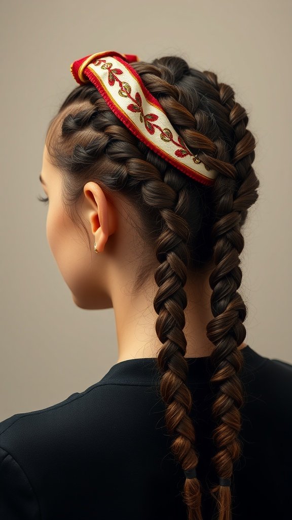 A woman with knotless braids styled with a decorative headband.