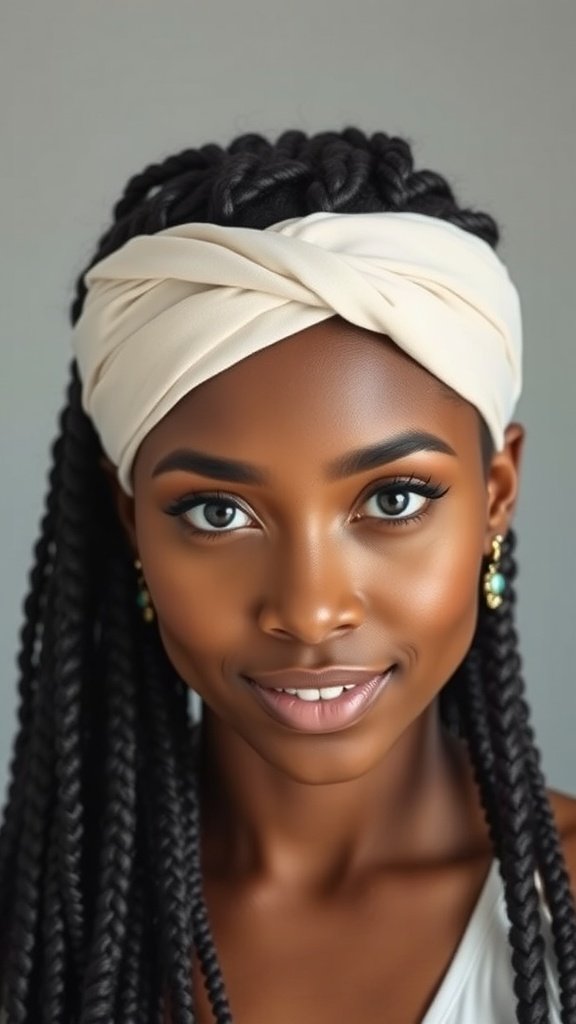 A woman with knotless braids wearing a cream-colored headband, smiling at the camera.