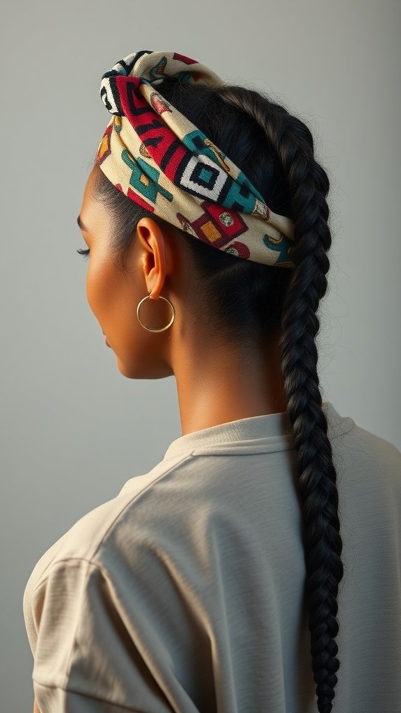 A woman with knotless braids styled with a colorful headband.