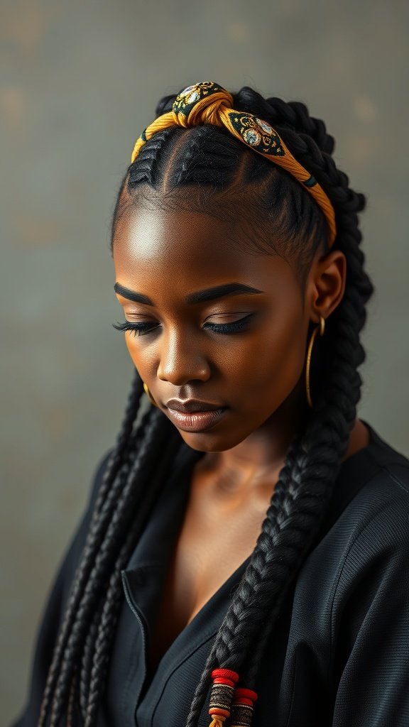 A model with knotless braids and a colorful headband, showcasing a stylish hairstyle.