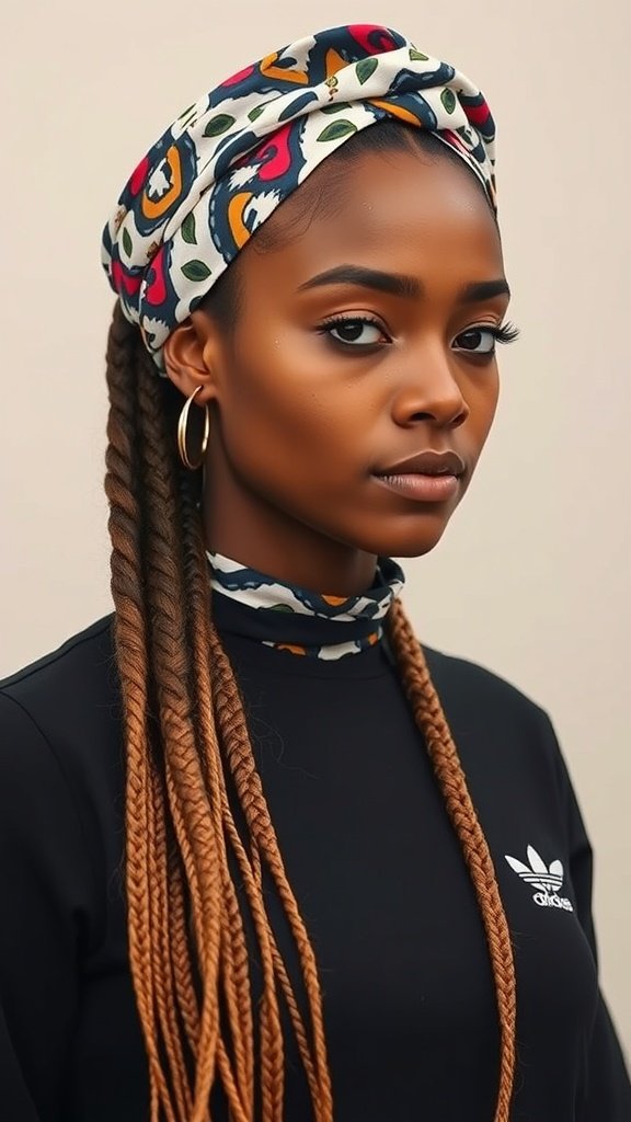 A woman with knotless braids wearing a colorful headscarf, showcasing a stylish look.