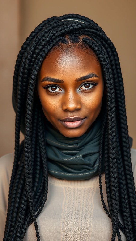 A woman with knotless braids styled with a headscarf, showcasing a chic and elegant look.