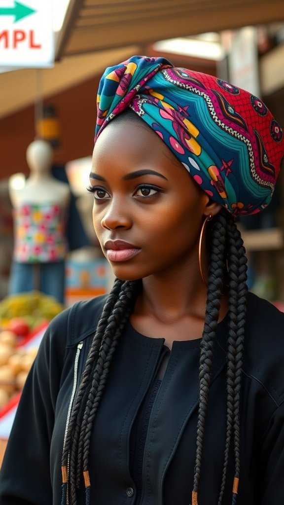 A woman with long knotless braids wearing a colorful headscarf, showcasing a stylish look.