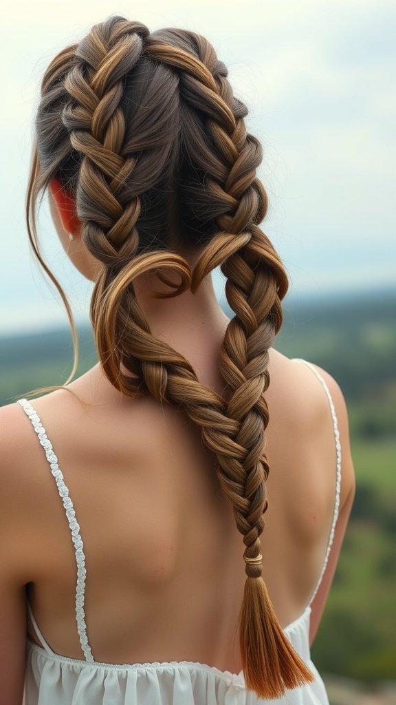 A woman with knotless braids styled in a heart braid, showcasing a playful and elegant hairstyle.