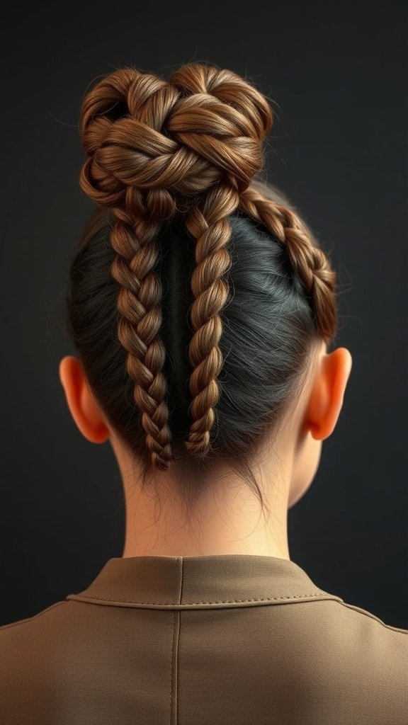A woman with a high bun made from knotless braids, showcasing a stylish and neat hairstyle.