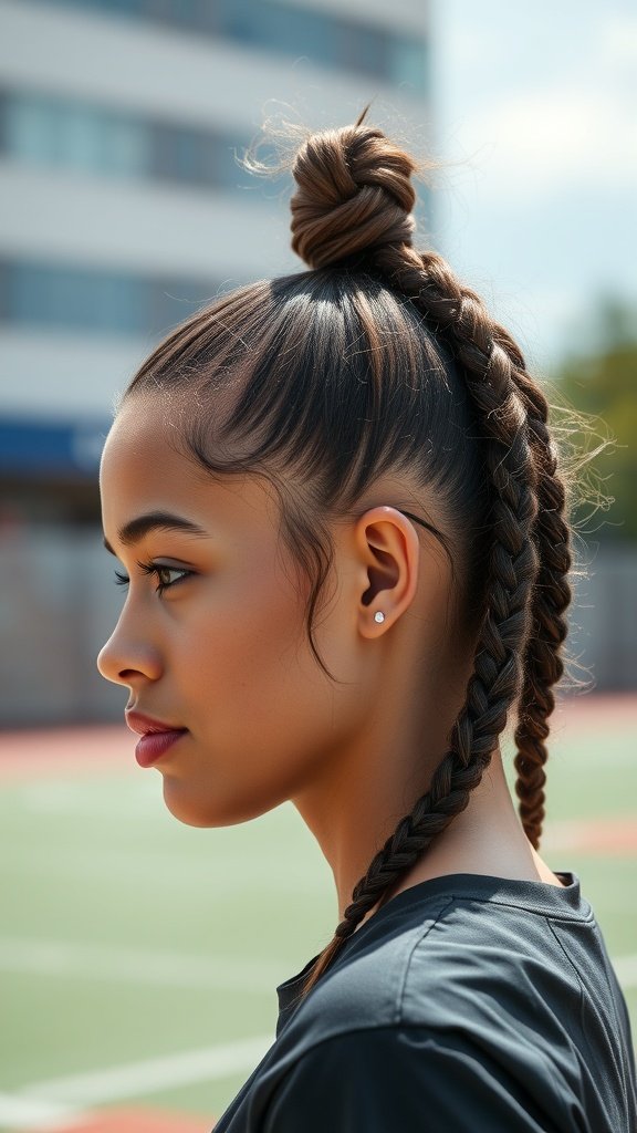 A young woman showcasing knotless braids styled in a high ponytail, highlighting a chic and modern look.