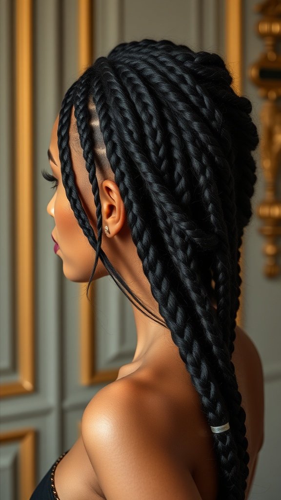 A woman showcasing knotless braids styled in a layered cut, emphasizing elegance and versatility.