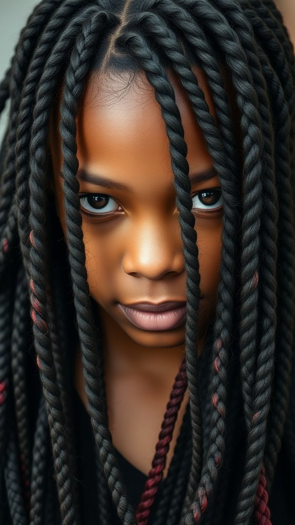 A close-up of a person with layered knotless braids, showcasing the texture and style.