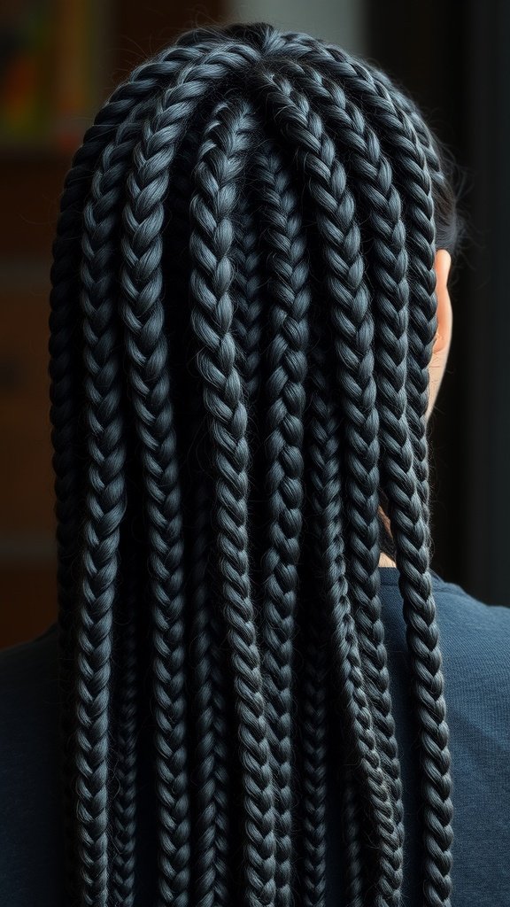 A close-up view of knotless braids styled with a light bounce, showcasing a flowing and elegant look.