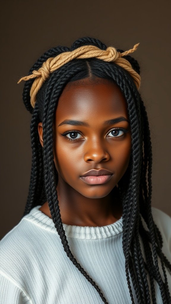 A young woman with knotless braids styled in a loose crown, showcasing a relaxed and elegant look.