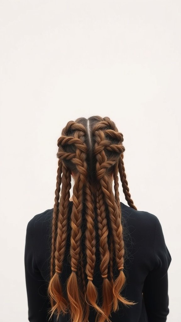 A woman with intricate knotless braids styled in a loose twist, showcasing a blend of brown and black hair.
