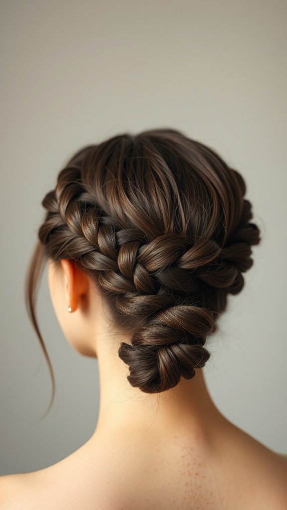 A woman with knotless braids styled in a low bun, showcasing a neat and elegant hairstyle.