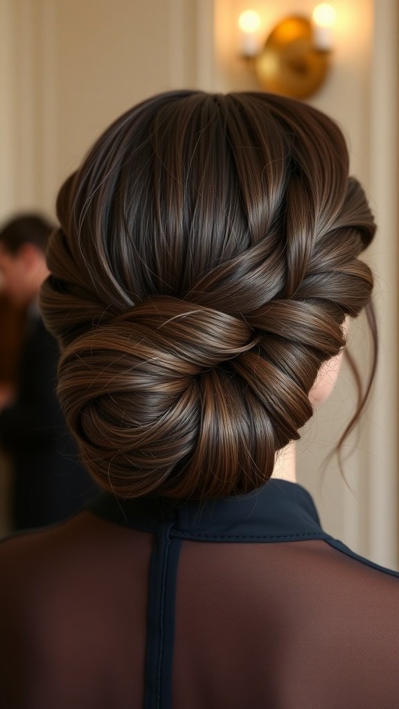 A stylish low bun created with knotless braids, showcasing smooth and shiny hair.