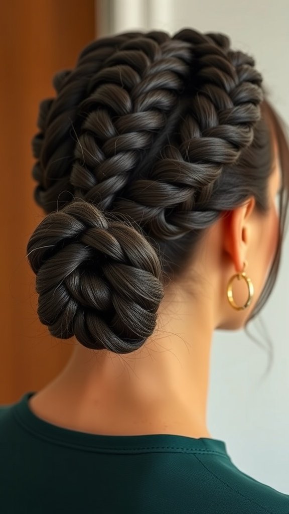 A woman with knotless braids styled into a low bun, showcasing a chic and elegant hairstyle.