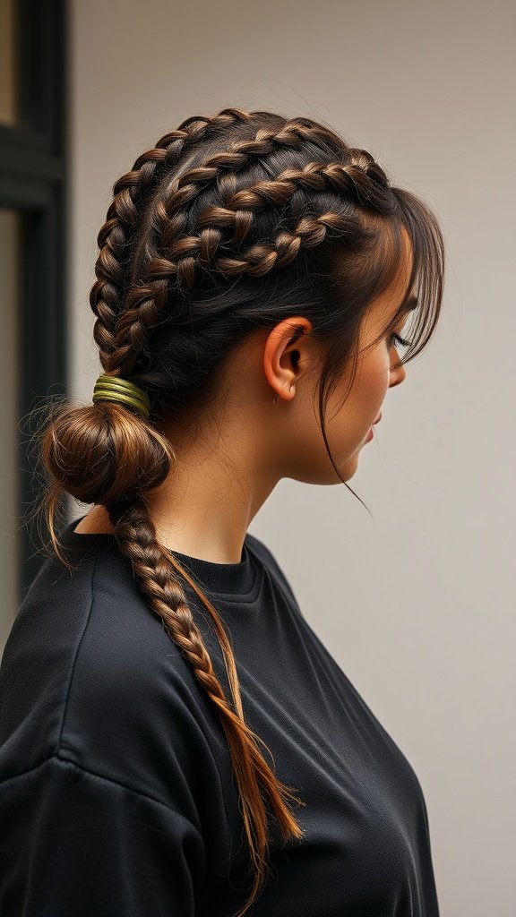 A woman with knotless braids styled in a low ponytail, showcasing a relaxed and trendy hairstyle.