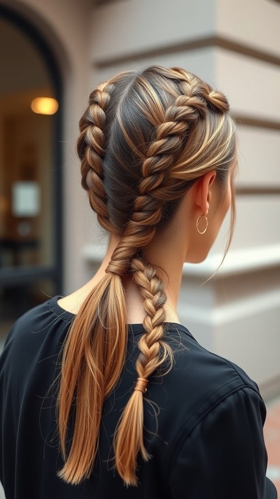 A woman with knotless braids styled into a low ponytail, showcasing a chic and effortless hairstyle.