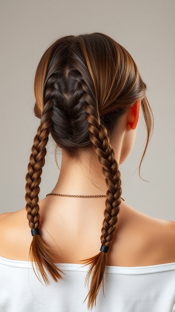 A woman with two knotless braids styled into a low ponytail.