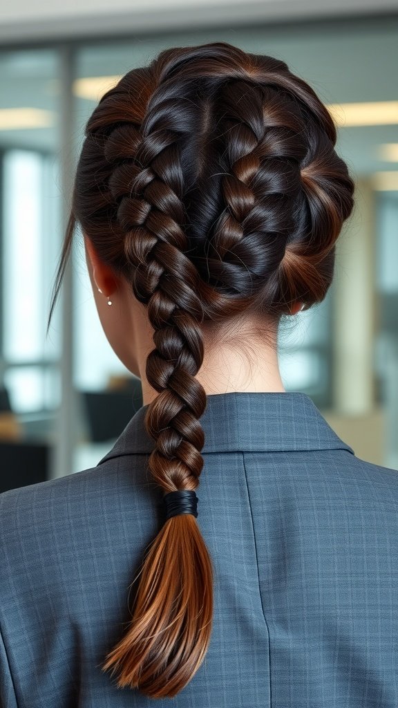 A woman with knotless braids styled in a low ponytail, showcasing a neat and polished look.