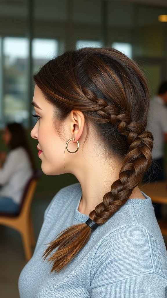 A woman with knotless braids styled in a low ponytail, showcasing a side view of her hairstyle.