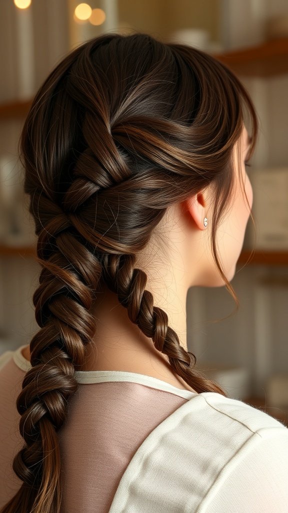A close-up of a woman's hair styled in knotless braids with a low ponytail, showcasing soft waves at the ends.