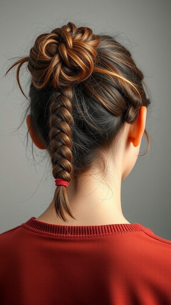 A hairstyle featuring a messy bun with a single braid hanging down.