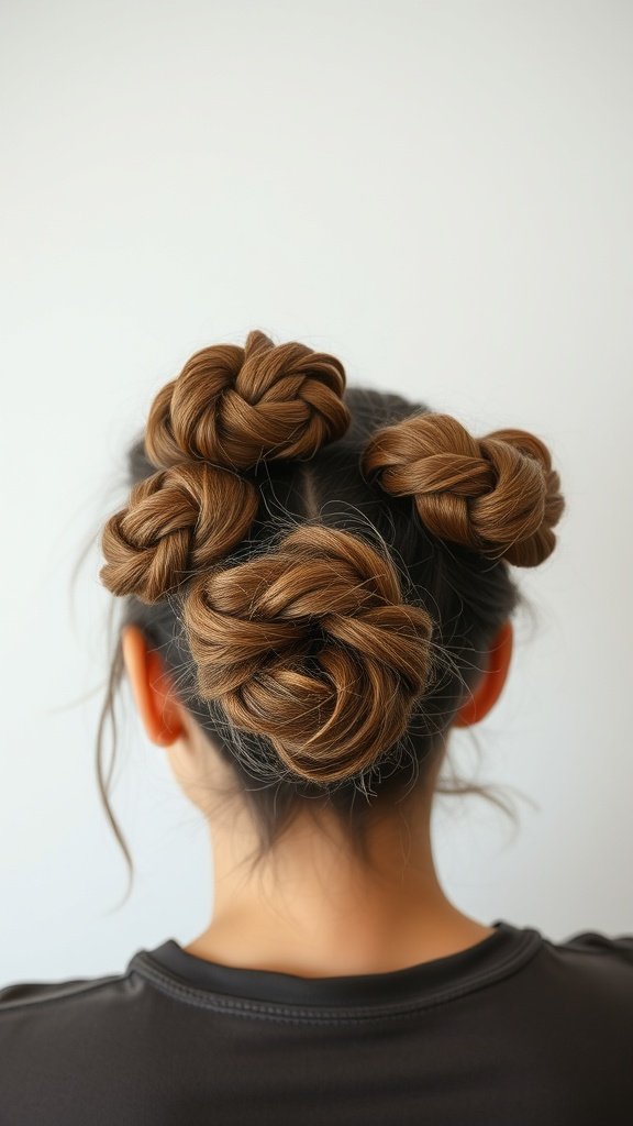 A woman with knotless braids styled into a messy bun, showcasing a playful and chic hairstyle.