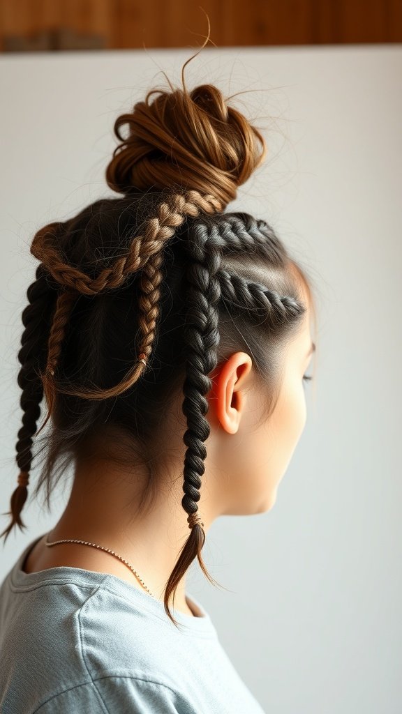 A woman with knotless braids styled in a messy bun, showcasing a trendy hairstyle.