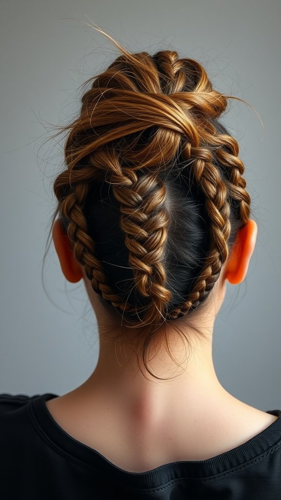 A woman with knotless braids styled in a messy bun, showcasing a trendy and practical hairstyle.