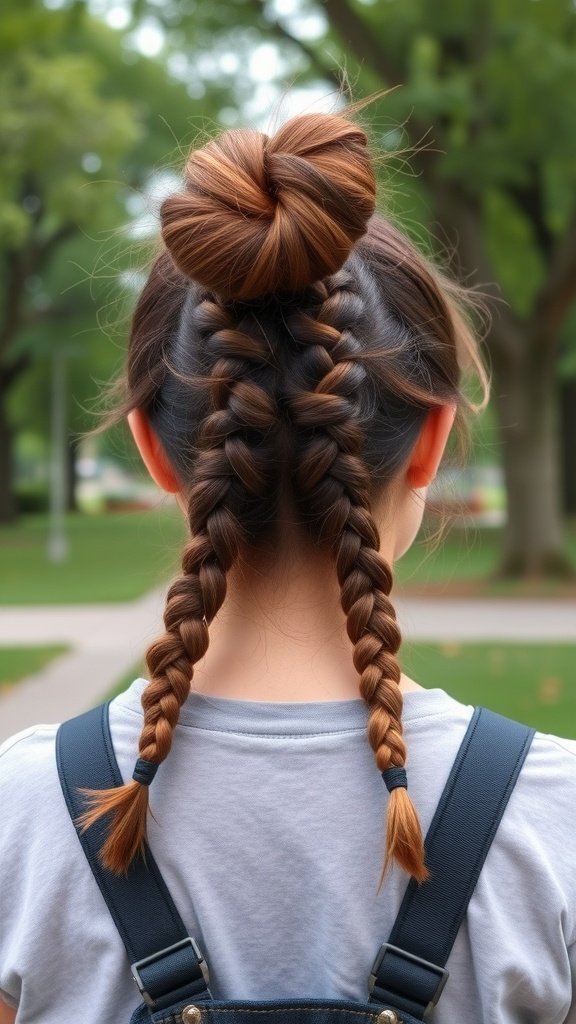 A girl with knotless braids styled in a messy bun, showcasing two braids hanging down.