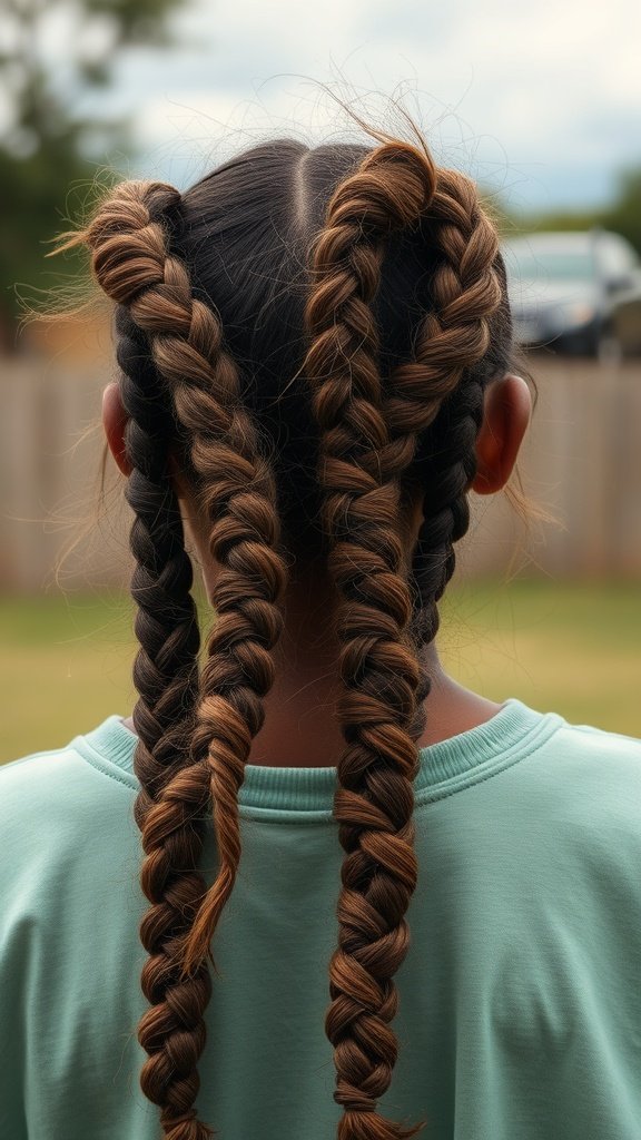 A girl with knotless braids styled in a messy look, featuring a mix of dark and light hair strands.