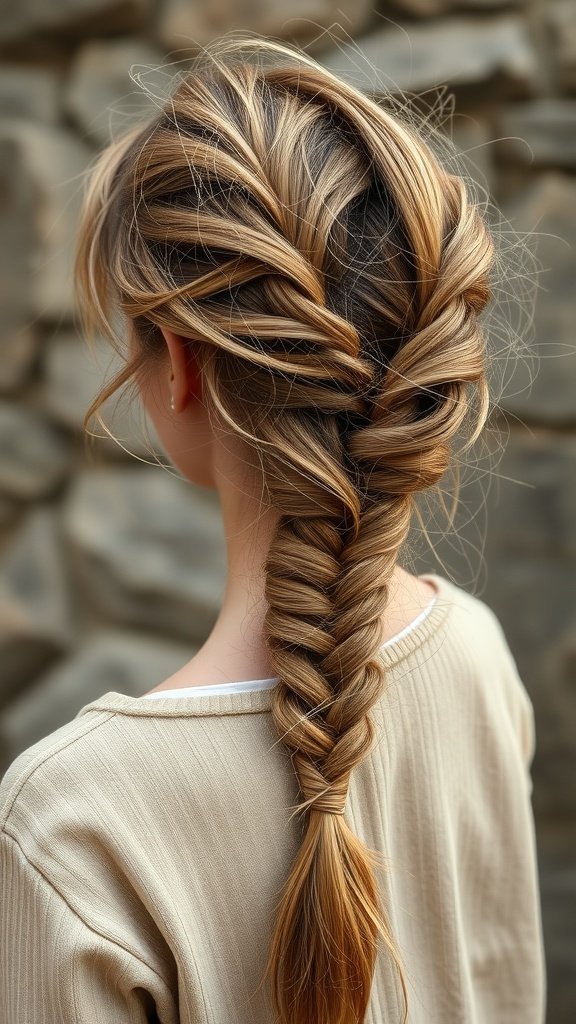 A woman with a messy knotless braid hairstyle, showcasing a relaxed and bohemian look.