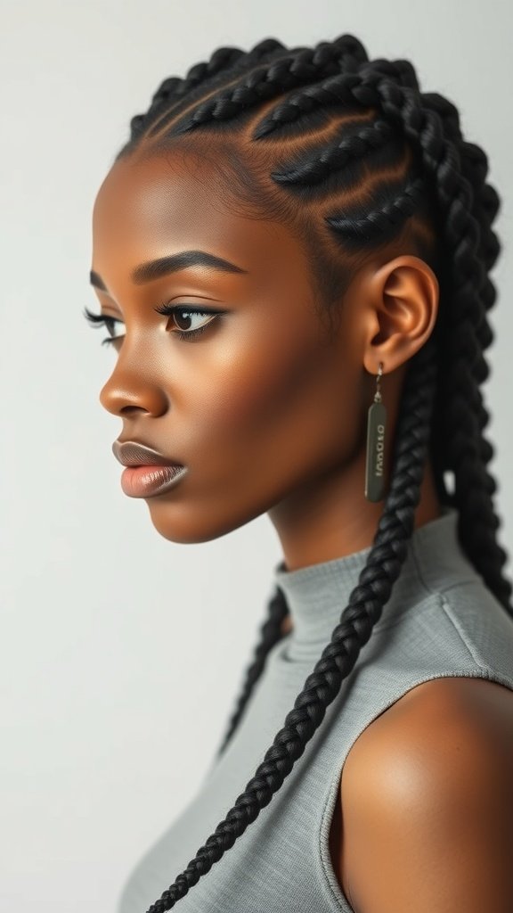 A profile view of a woman with knotless braids styled in a middle part, showcasing a sleek and elegant look.
