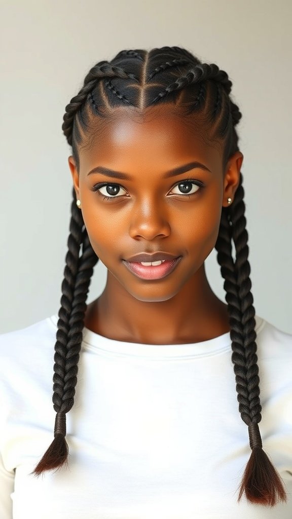 A close-up of a person with knotless braids styled in a middle part, showcasing two neat braids.