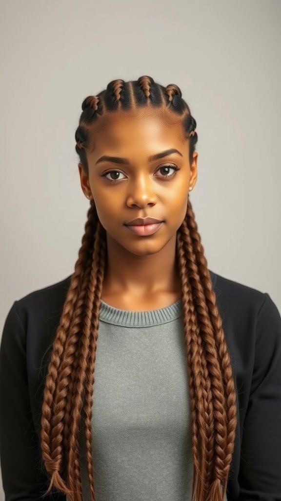 A model with knotless braids styled in a middle part, showcasing a polished and elegant look.