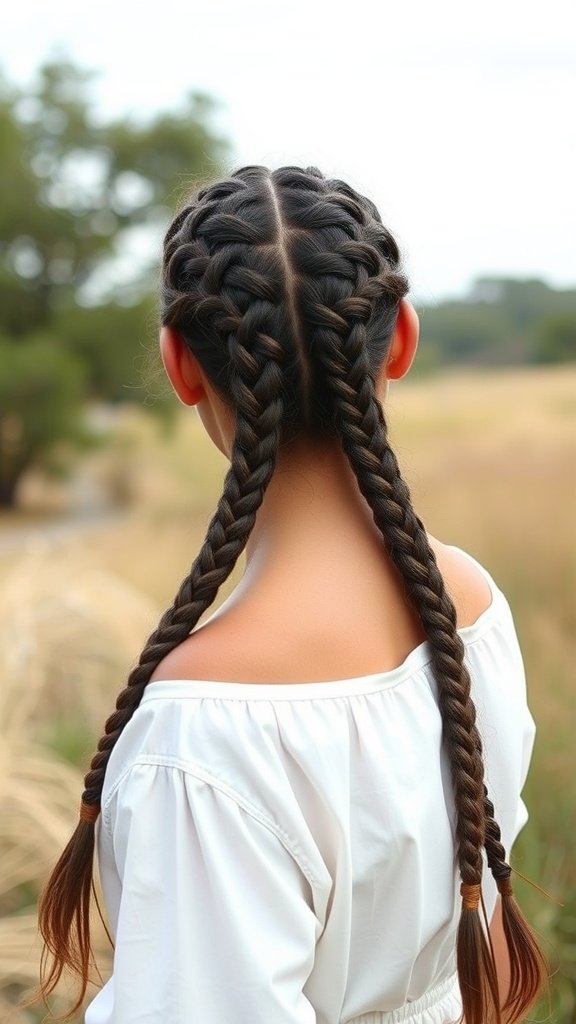A woman with two neat knotless braids styled with a middle part, showcasing a chic and elegant hairstyle.