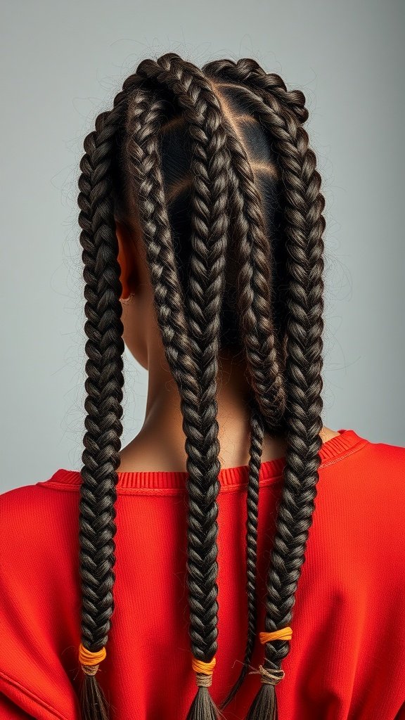 A close-up view of long knotless braids styled in a modern way.