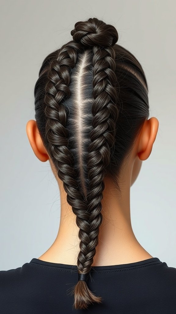 A close-up view of a person with two neat knotless braids, showcasing a clean parting and a stylish bun on top.